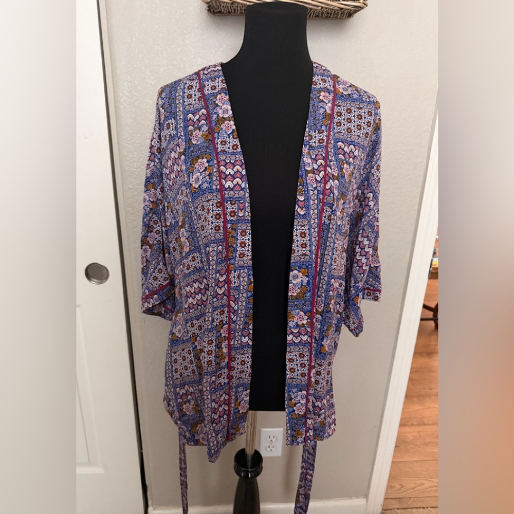Bohemian Floral Patchwork Open-Front Kimono Jacket - Purple Blue